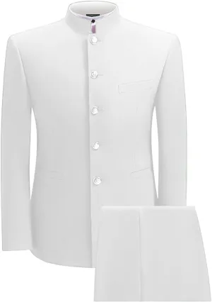 2 Piece Men's Chinese Suit Chinese Stand Collar Slim Fit Suits Front Button Blazer Pant Set