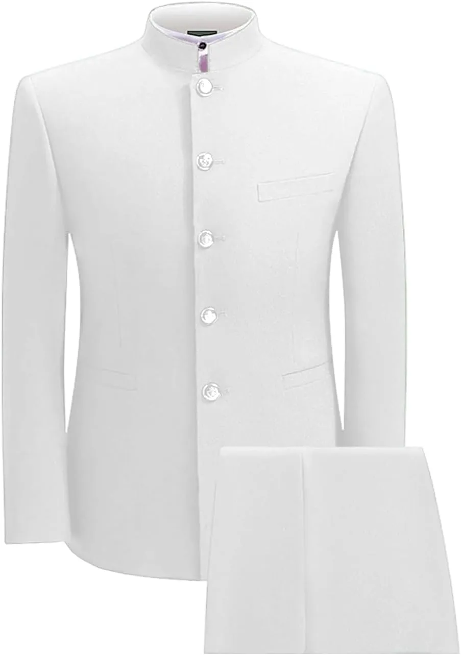 2 Piece Men's Chinese Suit Chinese Stand Collar Slim Fit Suits Front Button Blazer Pant Set