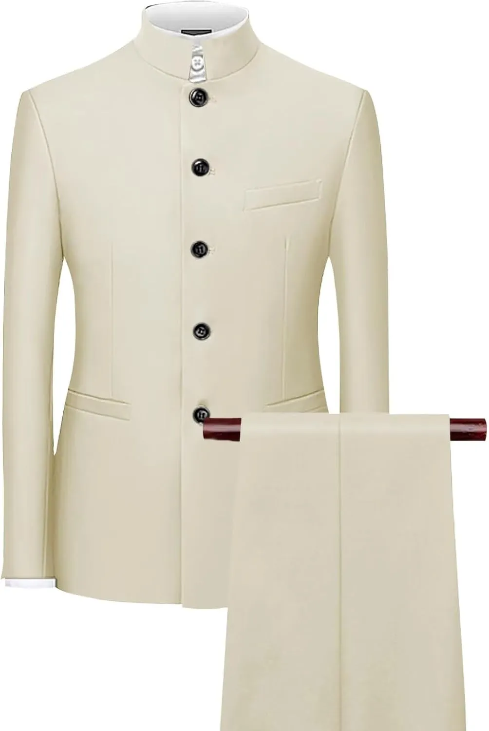 2 Piece Men's Chinese Tunic Suit Stand Collar Slim Fit Suits Front 5 Button Blazer Pant Suits for Men