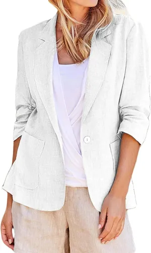 2025 Linen Blazer Women Casual 3/4 Stretchy Ruched Sleeve Blazer Jackets Lightweight Breathable Work Office Jackets