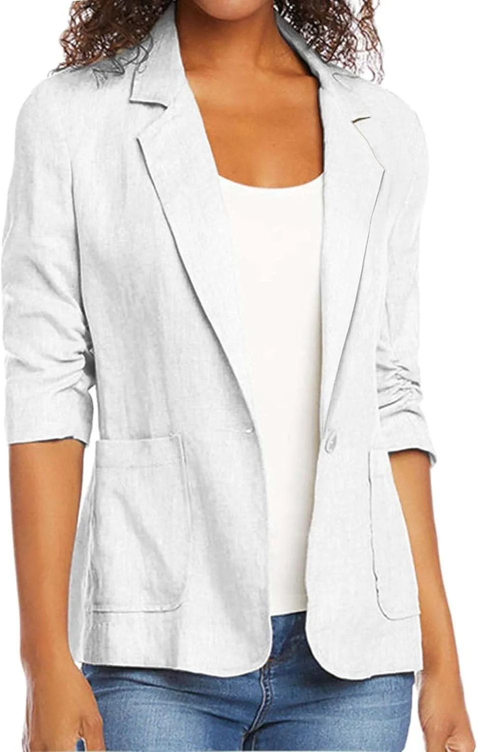 2025 Linen Blazer Women Casual 3/4 Stretchy Ruched Sleeve Blazer Jackets Lightweight Breathable Work Office Jackets