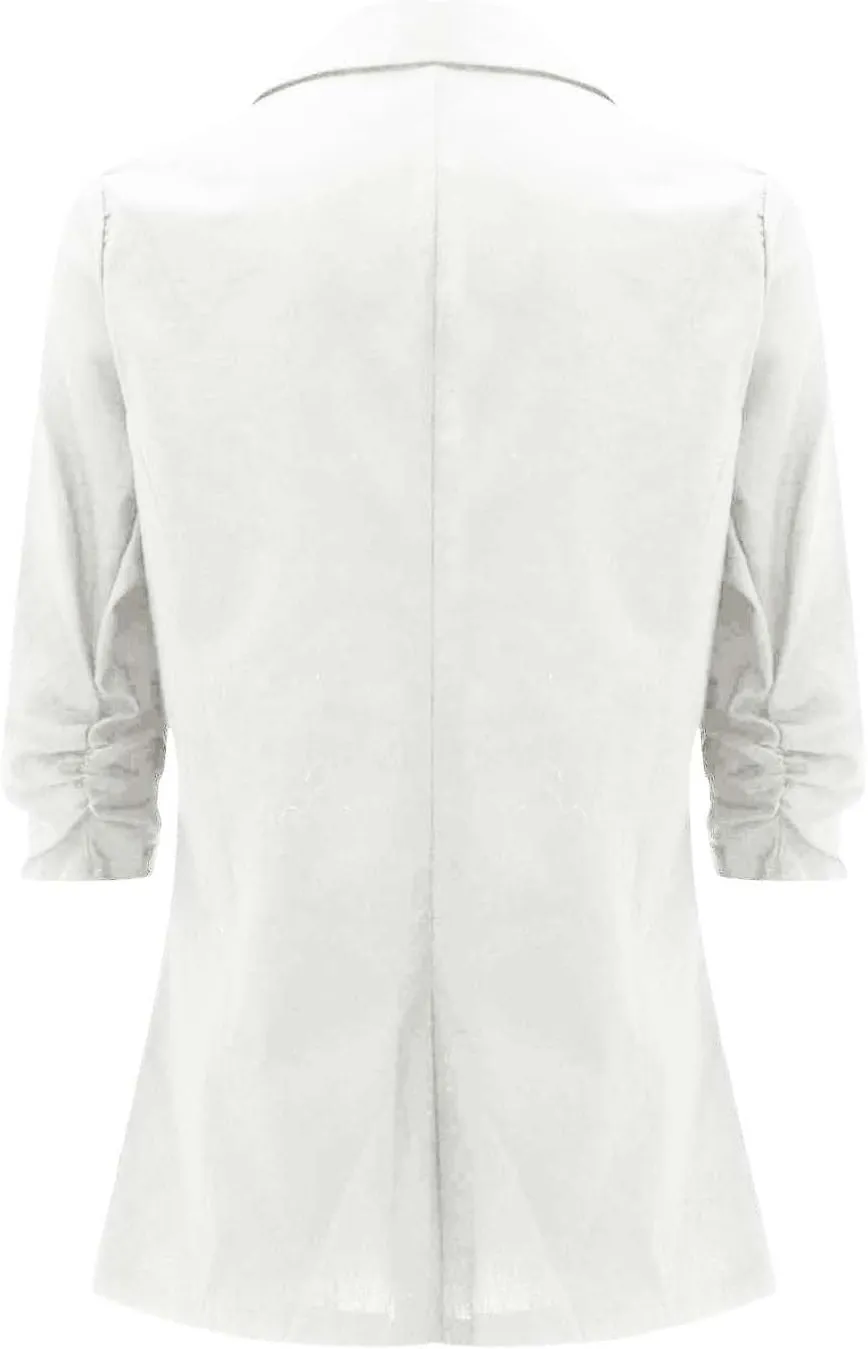 2025 Linen Blazer Women Casual 3/4 Stretchy Ruched Sleeve Blazer Jackets Lightweight Breathable Work Office Jackets