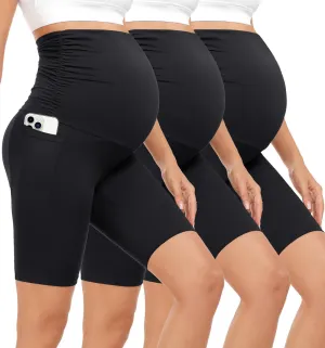 3 Pack Maternity Shorts Over The Belly Pregnancy Biker Shorts Workout Yoga Active Pregnant Pants Pajama with Pockets
