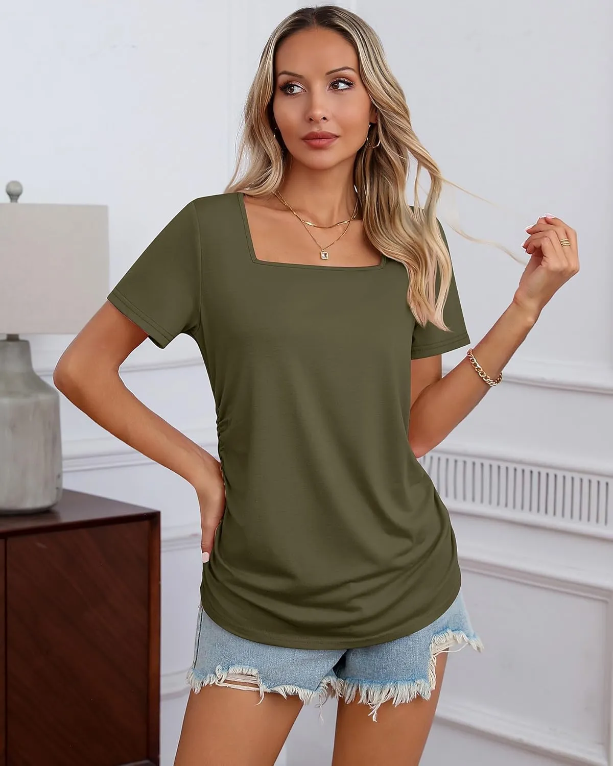 3 Pack Women's Maternity Shirts Square Neck Side Ruched Short Sleeve Maternity Tops Casual Knitted Pregnancy Tees