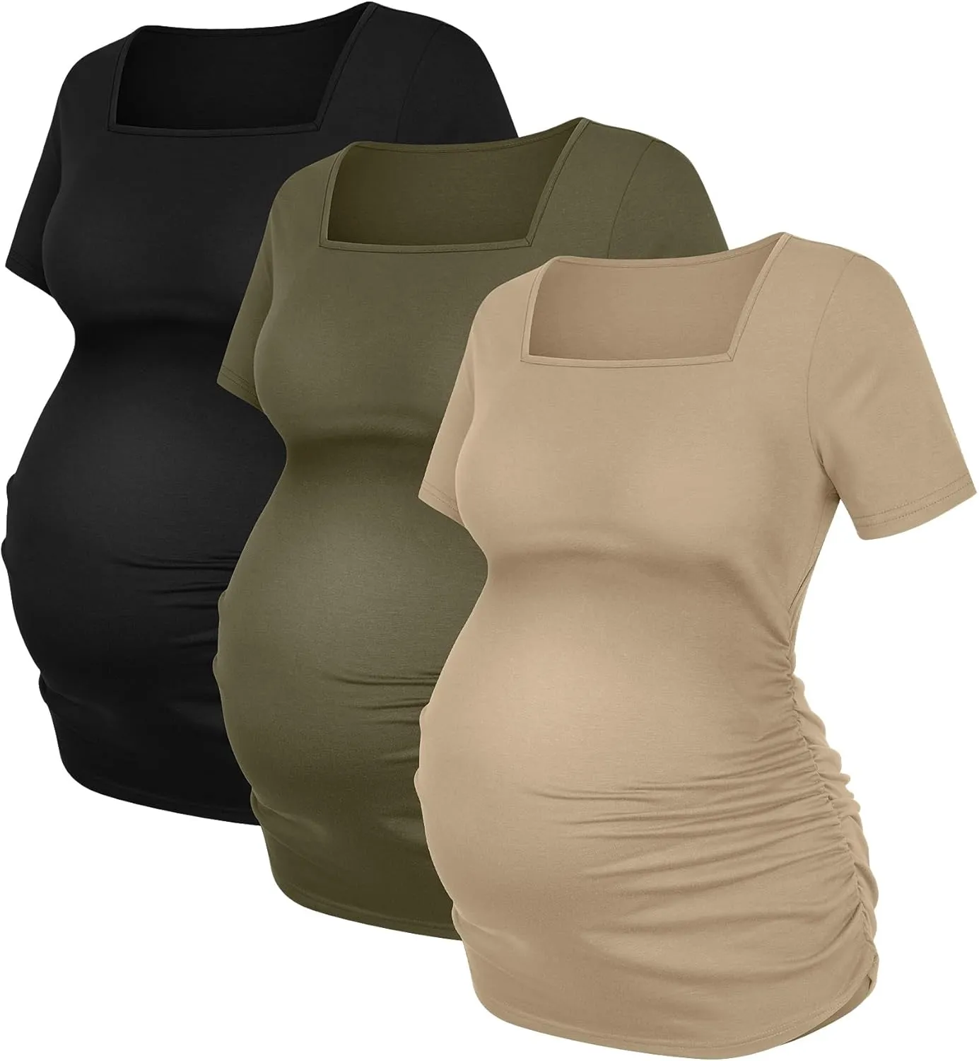 3 Pack Women's Maternity Shirts Square Neck Side Ruched Short Sleeve Maternity Tops Casual Knitted Pregnancy Tees