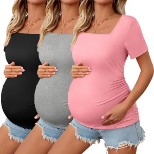 3 Pack Women's Maternity Shirts Square Neck Side Ruched Short Sleeve Maternity Tops Casual Knitted Pregnancy Tees