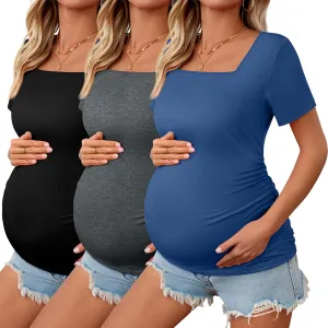 3 Pack Women's Maternity Shirts Square Neck Side Ruched Short Sleeve Maternity Tops Casual Knitted Pregnancy Tees