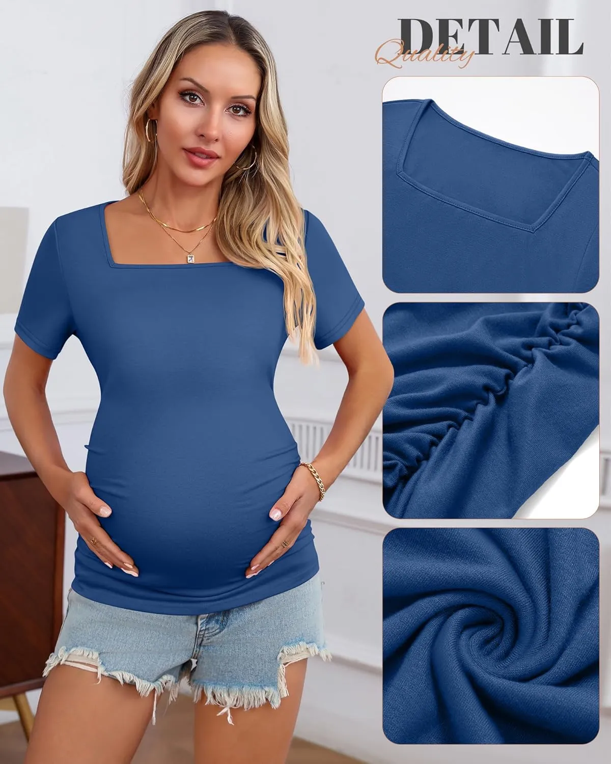 3 Pack Women's Maternity Shirts Square Neck Side Ruched Short Sleeve Maternity Tops Casual Knitted Pregnancy Tees