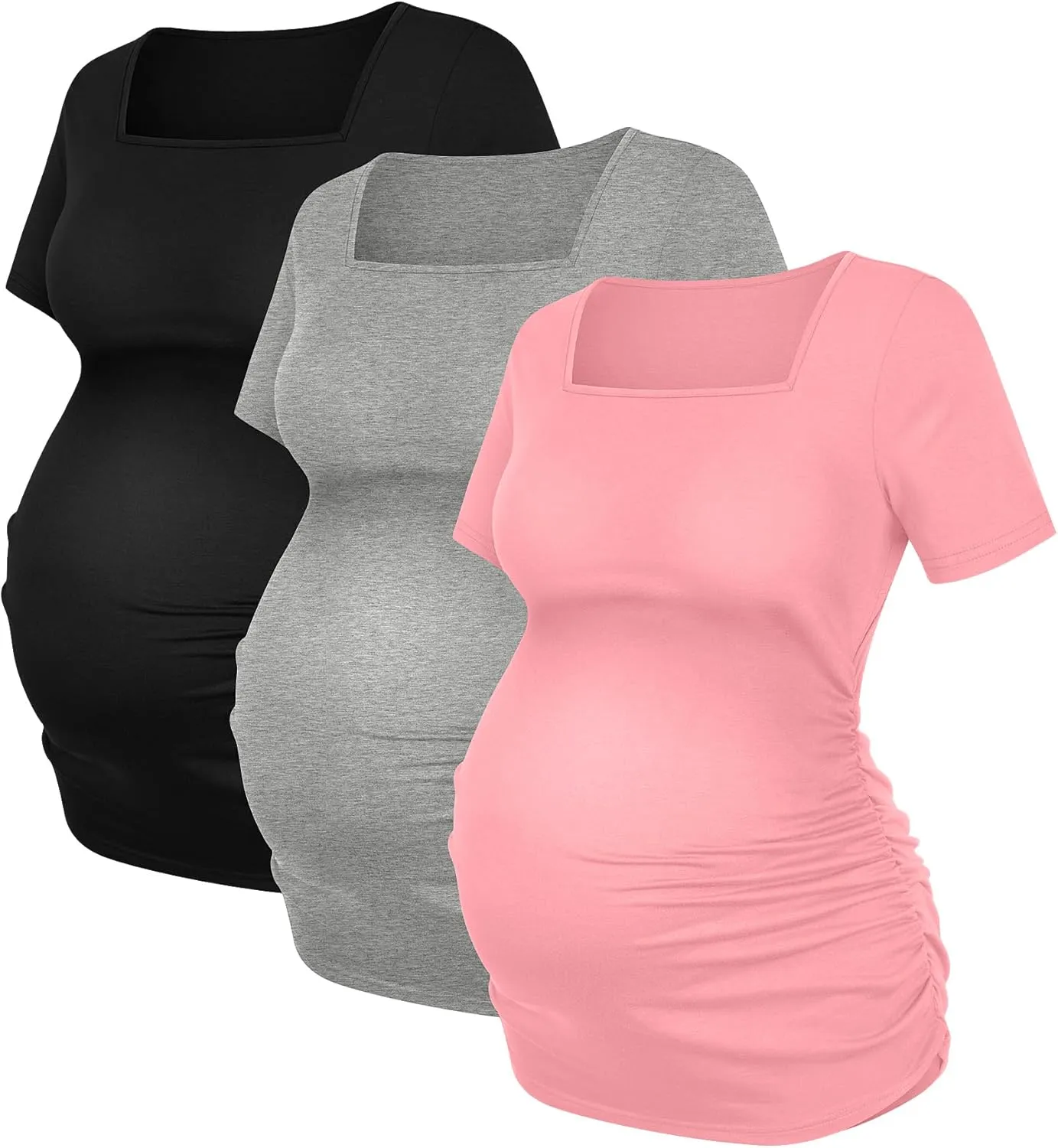 3 Pack Women's Maternity Shirts Square Neck Side Ruched Short Sleeve Maternity Tops Casual Knitted Pregnancy Tees