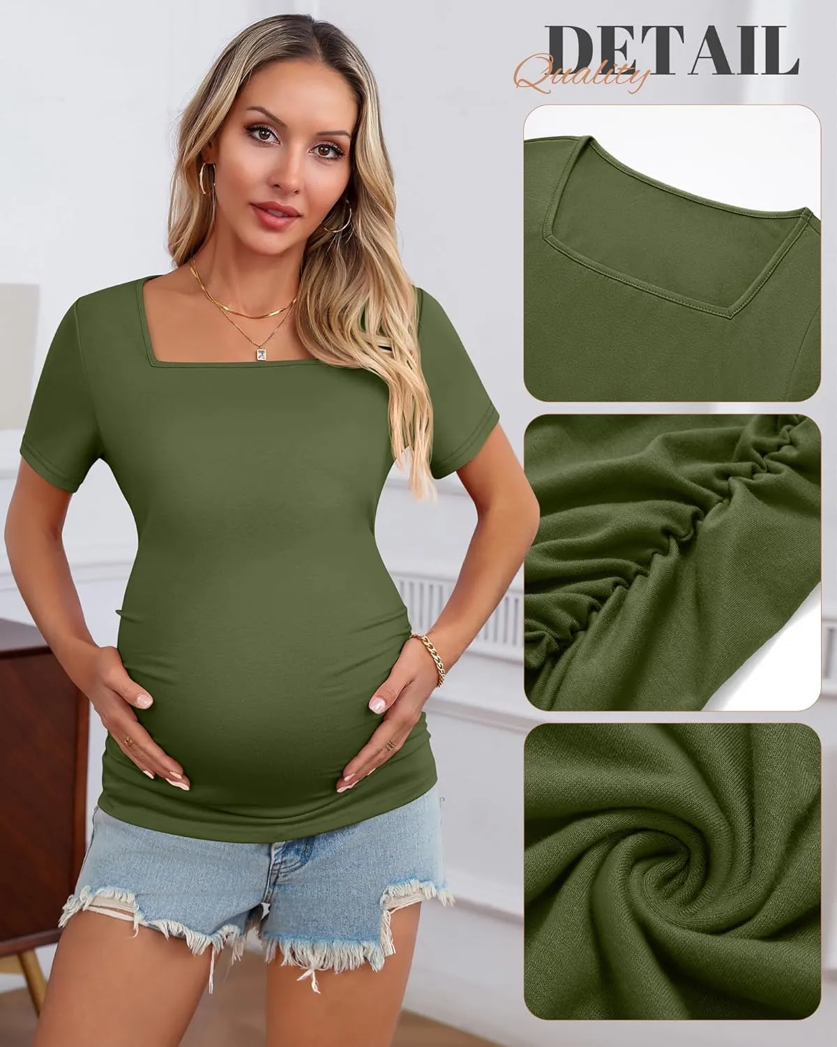3 Pack Women's Maternity Shirts Square Neck Side Ruched Short Sleeve Maternity Tops Casual Knitted Pregnancy Tees