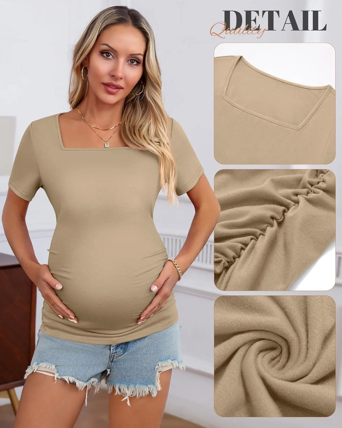 3 Pack Women's Maternity Shirts Square Neck Side Ruched Short Sleeve Maternity Tops Casual Knitted Pregnancy Tees