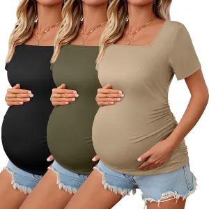 3 Pack Women's Maternity Shirts Square Neck Side Ruched Short Sleeve Maternity Tops Casual Knitted Pregnancy Tees