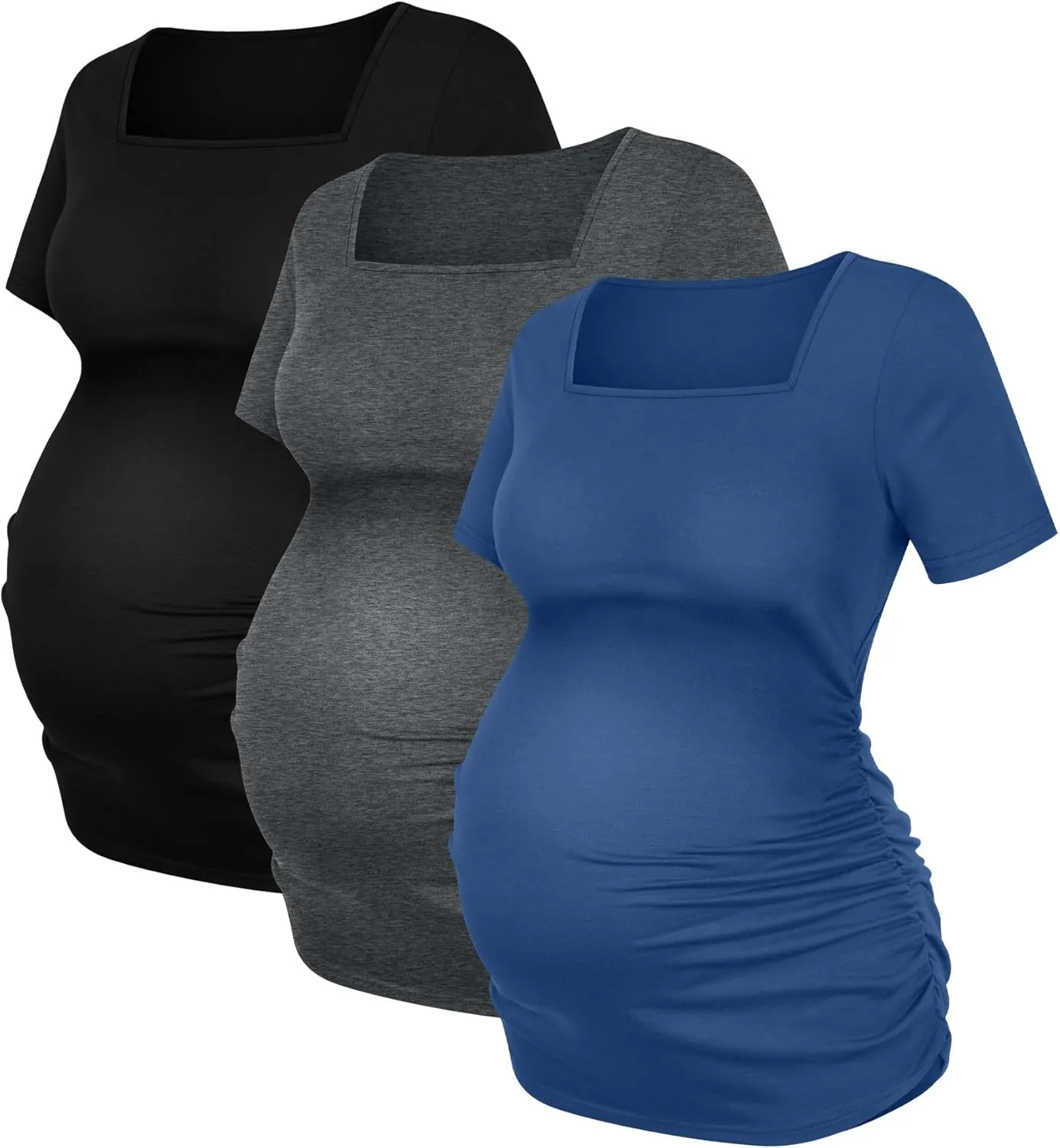 3 Pack Women's Maternity Shirts Square Neck Side Ruched Short Sleeve Maternity Tops Casual Knitted Pregnancy Tees