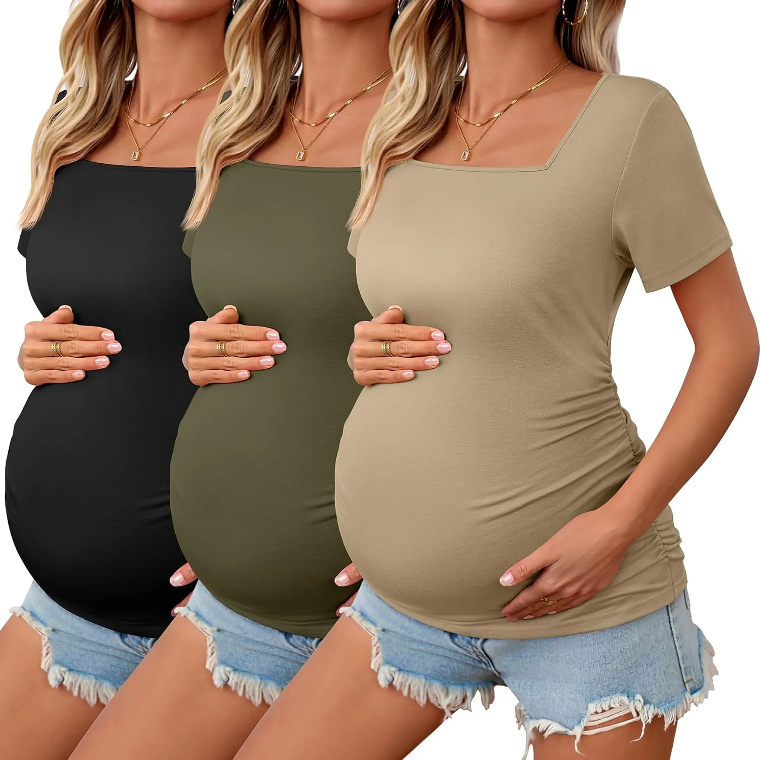 3 Pack Women's Maternity Shirts Square Neck Side Ruched Short Sleeve Maternity Tops Casual Knitted Pregnancy Tees