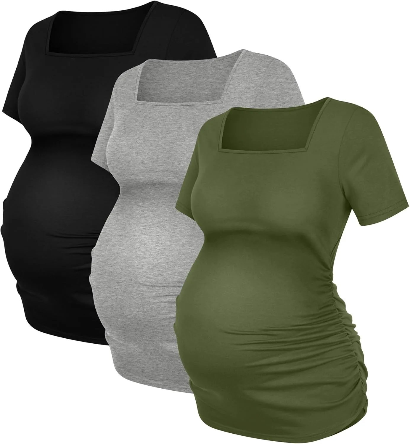 3 Pack Women's Maternity Shirts Square Neck Side Ruched Short Sleeve Maternity Tops Casual Knitted Pregnancy Tees
