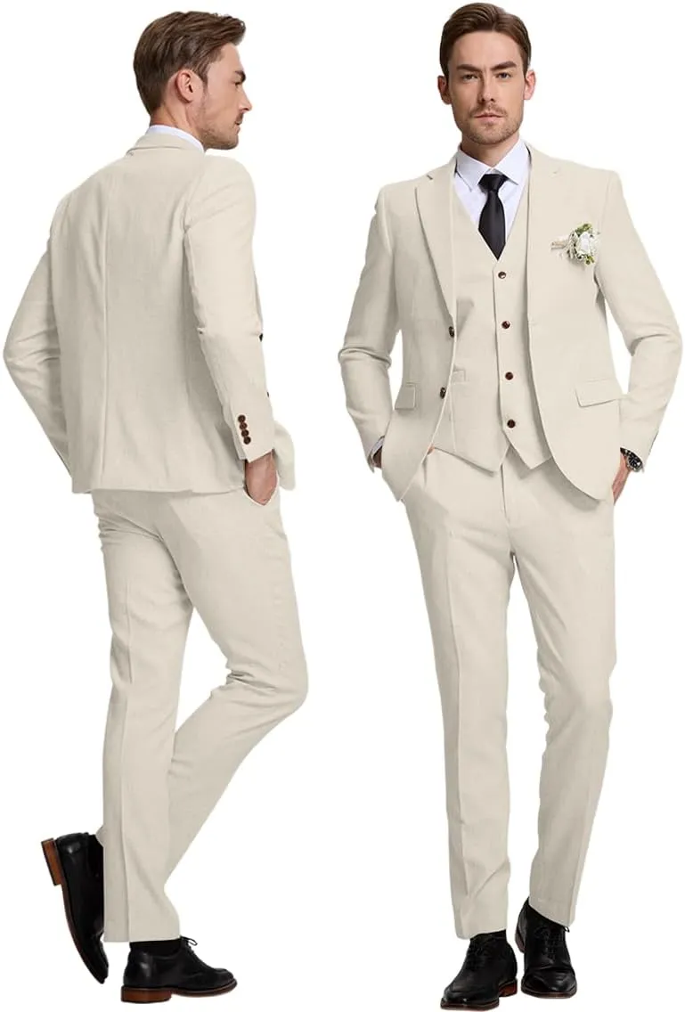 3 Piece Men's Linen Suit,Slim Fit Suits Set for Men Two Buttons Grooms Suits for Summer Beach Wedding