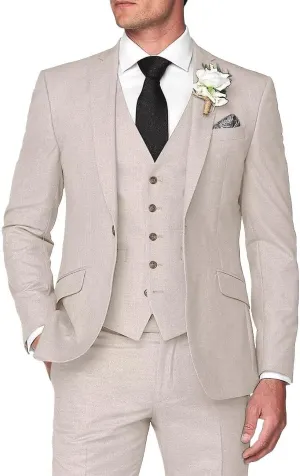 3 Piece Men's Linen Suit,Slim Fit Suits Set for Men Two Buttons Grooms Suits for Summer Beach Wedding