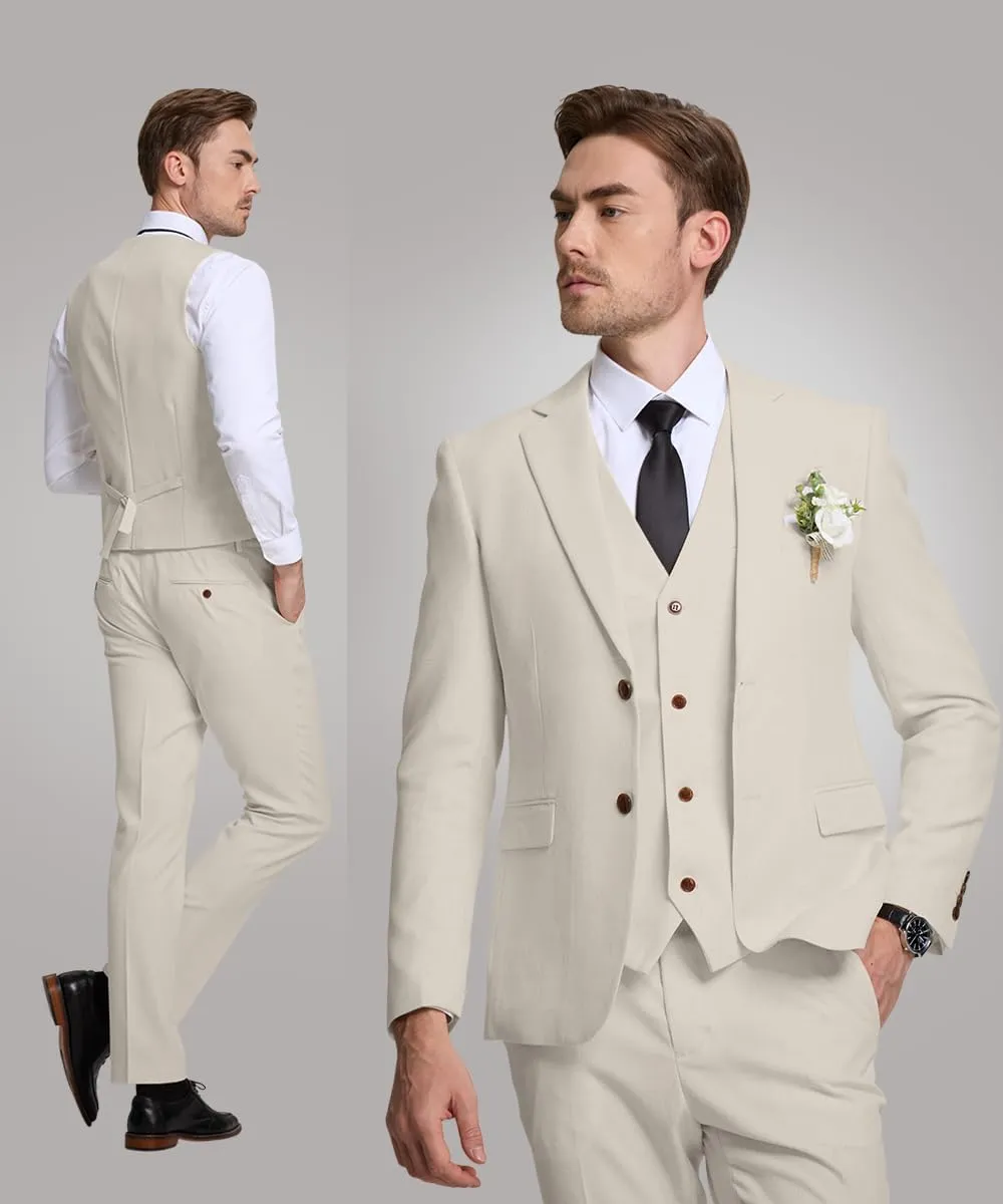 3 Piece Men's Linen Suit,Slim Fit Suits Set for Men Two Buttons Grooms Suits for Summer Beach Wedding