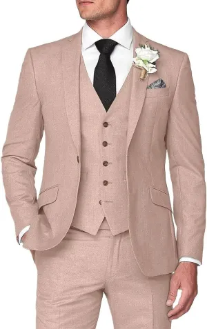 3 Piece Men's Linen Suit,Slim Fit Suits Set for Men Two Buttons Grooms Suits for Summer Beach Wedding