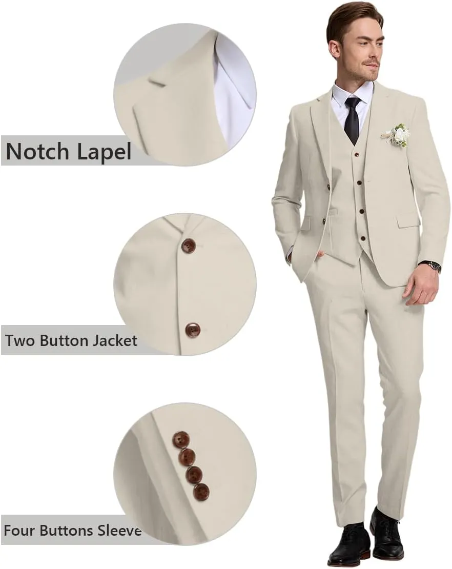 3 Piece Men's Linen Suit,Slim Fit Suits Set for Men Two Buttons Grooms Suits for Summer Beach Wedding