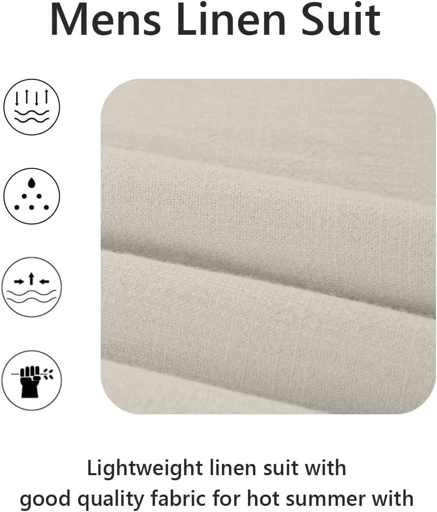 3 Piece Men's Linen Suit,Slim Fit Suits Set for Men Two Buttons Grooms Suits for Summer Beach Wedding