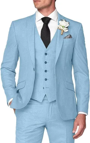 3 Piece Men's Linen Suit,Slim Fit Suits Set for Men Two Buttons Grooms Suits for Summer Beach Wedding