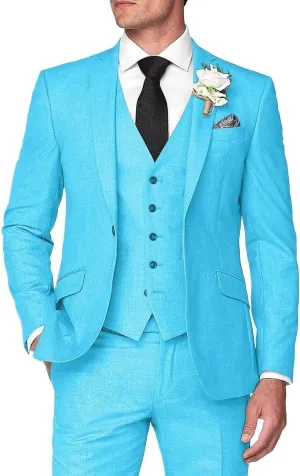 3 Piece Men's Linen Suit,Slim Fit Suits Set for Men Two Buttons Grooms Suits for Summer Beach Wedding