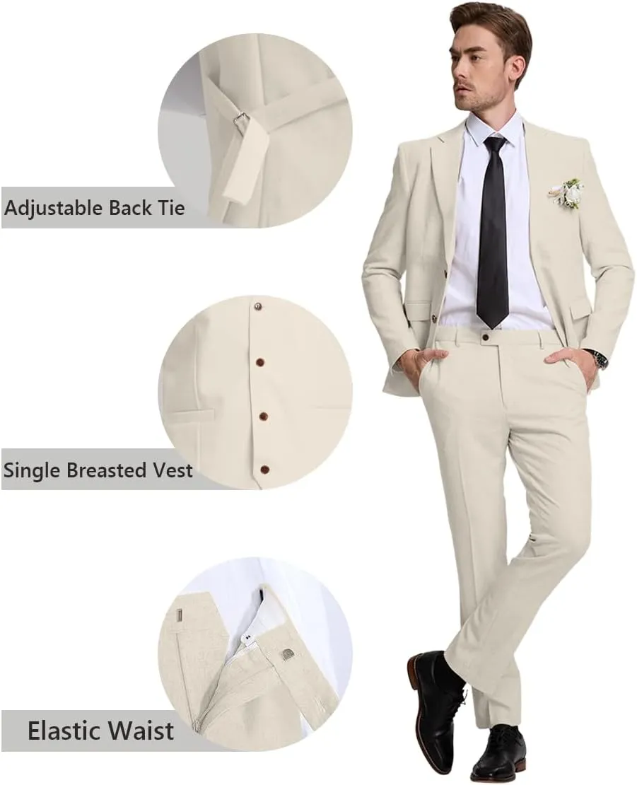 3 Piece Men's Linen Suit,Slim Fit Suits Set for Men Two Buttons Grooms Suits for Summer Beach Wedding