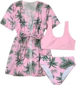 3 Piece Swimsuit for Girls Tropical Print Bathing Suit Boho Tankini Bikini Set with Quick Dry Cover Up Kids Swimwear
