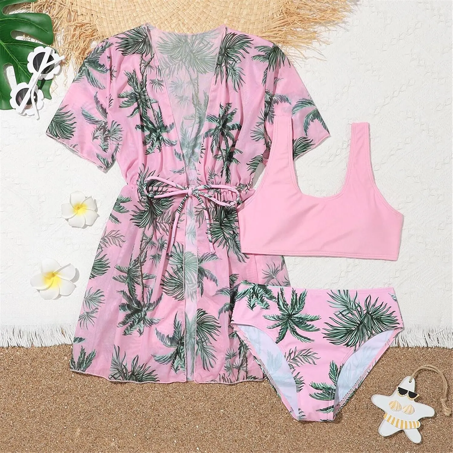 3 Piece Swimsuit for Girls Tropical Print Bathing Suit Boho Tankini Bikini Set with Quick Dry Cover Up Kids Swimwear