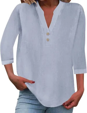 3/4 Sleeve Linen Tops for Women 2025 Summer Loose Fit V Neck Button Down Henley Shirts Solid Beach Vacation Blouses