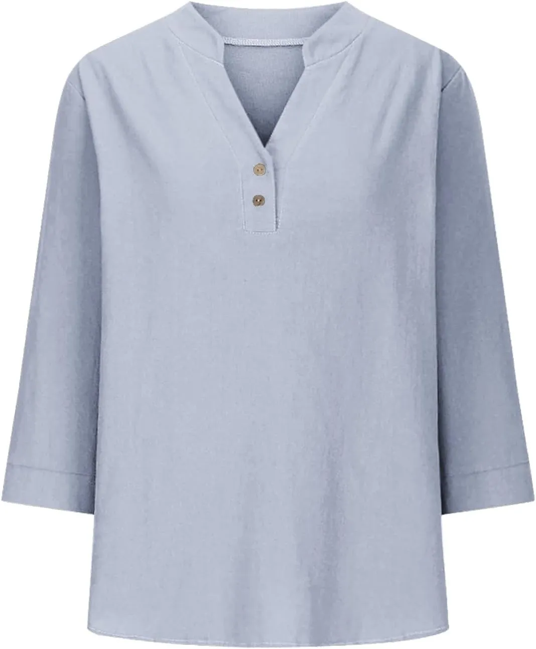 3/4 Sleeve Linen Tops for Women 2025 Summer Loose Fit V Neck Button Down Henley Shirts Solid Beach Vacation Blouses
