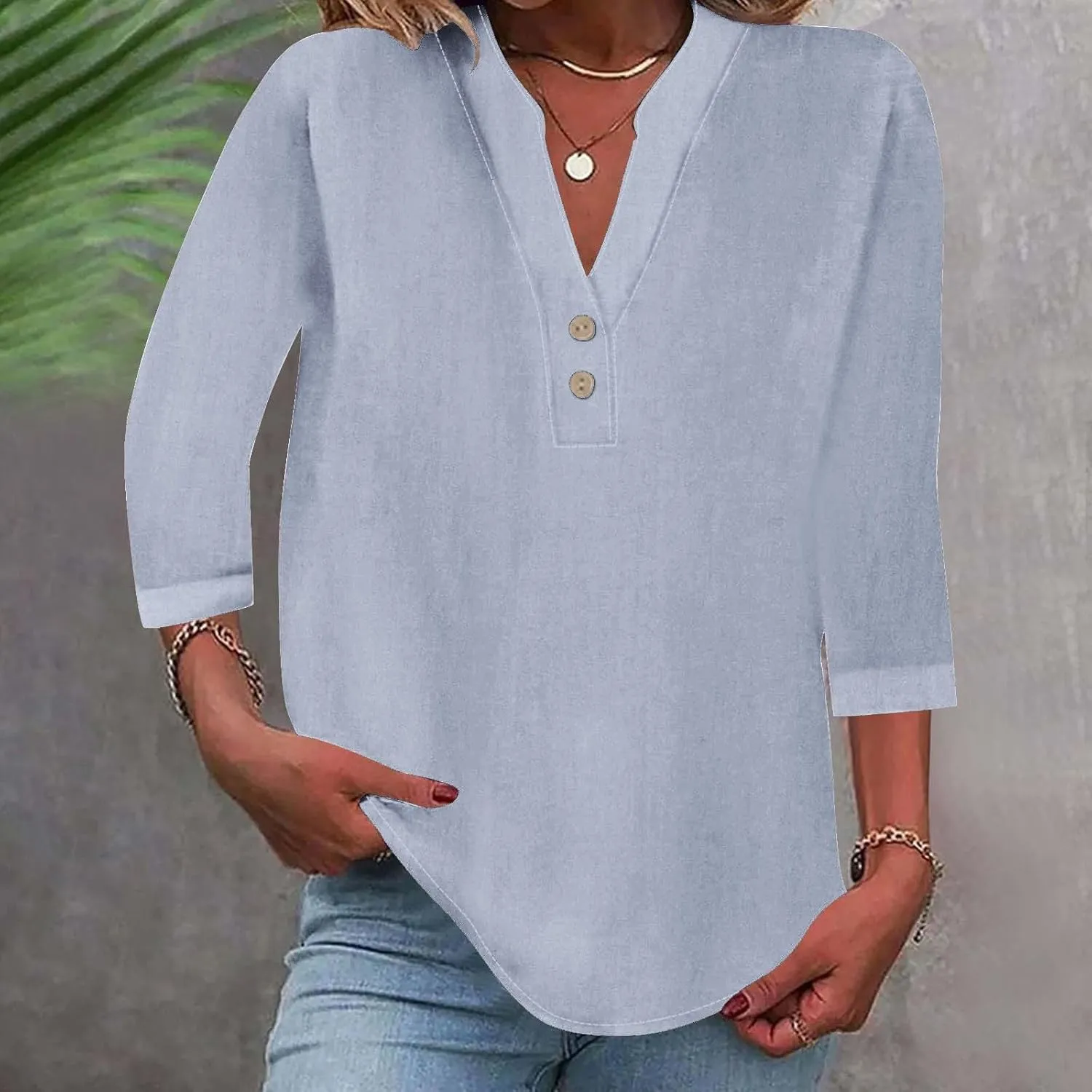 3/4 Sleeve Linen Tops for Women 2025 Summer Loose Fit V Neck Button Down Henley Shirts Solid Beach Vacation Blouses