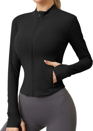 AKEWEI Womens Zip Up Workout Jackets Lightweight Athletic Slim Fit Track Jacket with Inner and Outer Pockets and Thumb Holes