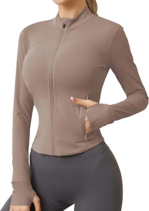 AKEWEI Womens Zip Up Workout Jackets Lightweight Athletic Slim Fit Track Jacket with Inner and Outer Pockets and Thumb Holes