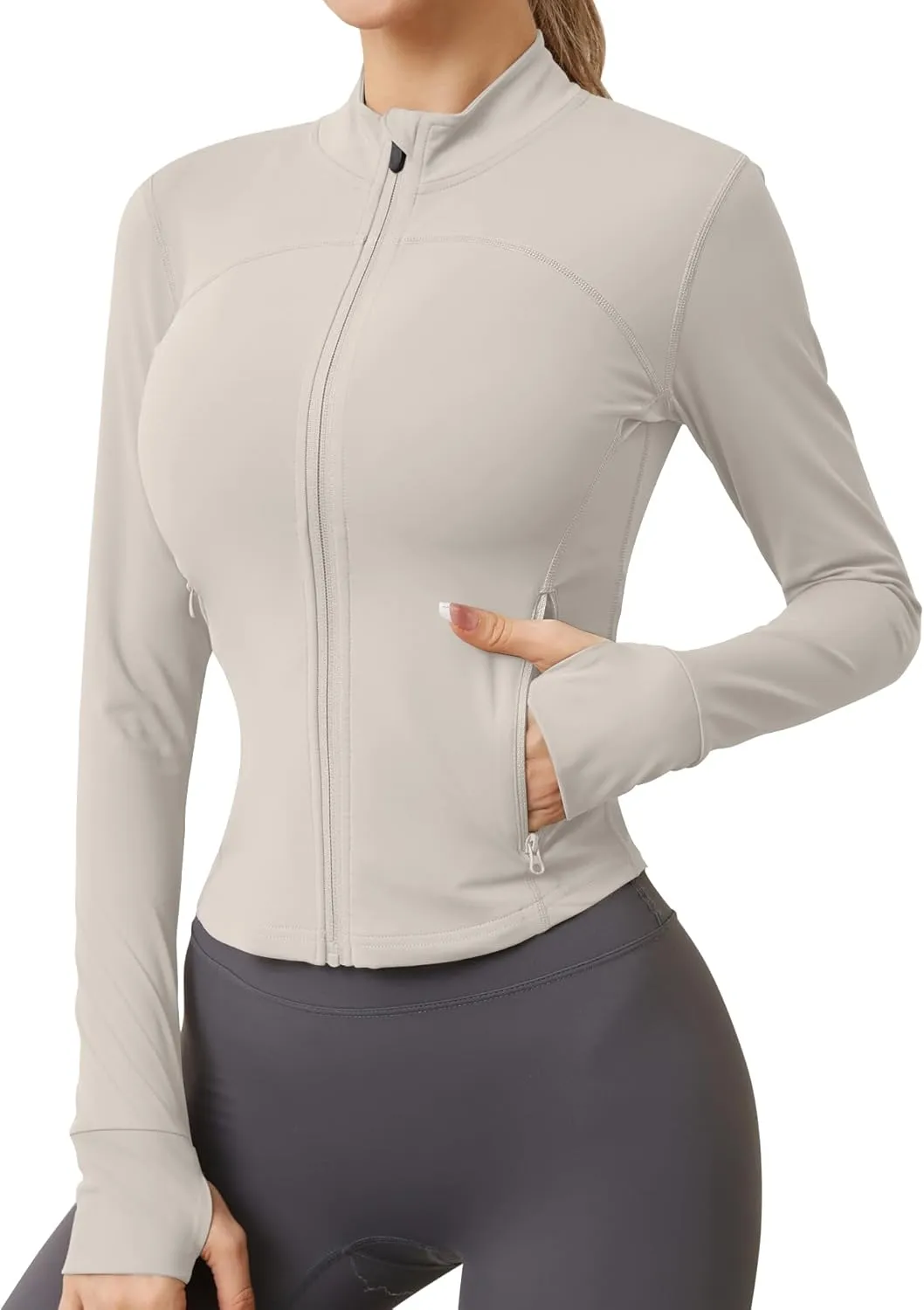 AKEWEI Womens Zip Up Workout Jackets Lightweight Athletic Slim Fit Track Jacket with Inner and Outer Pockets and Thumb Holes