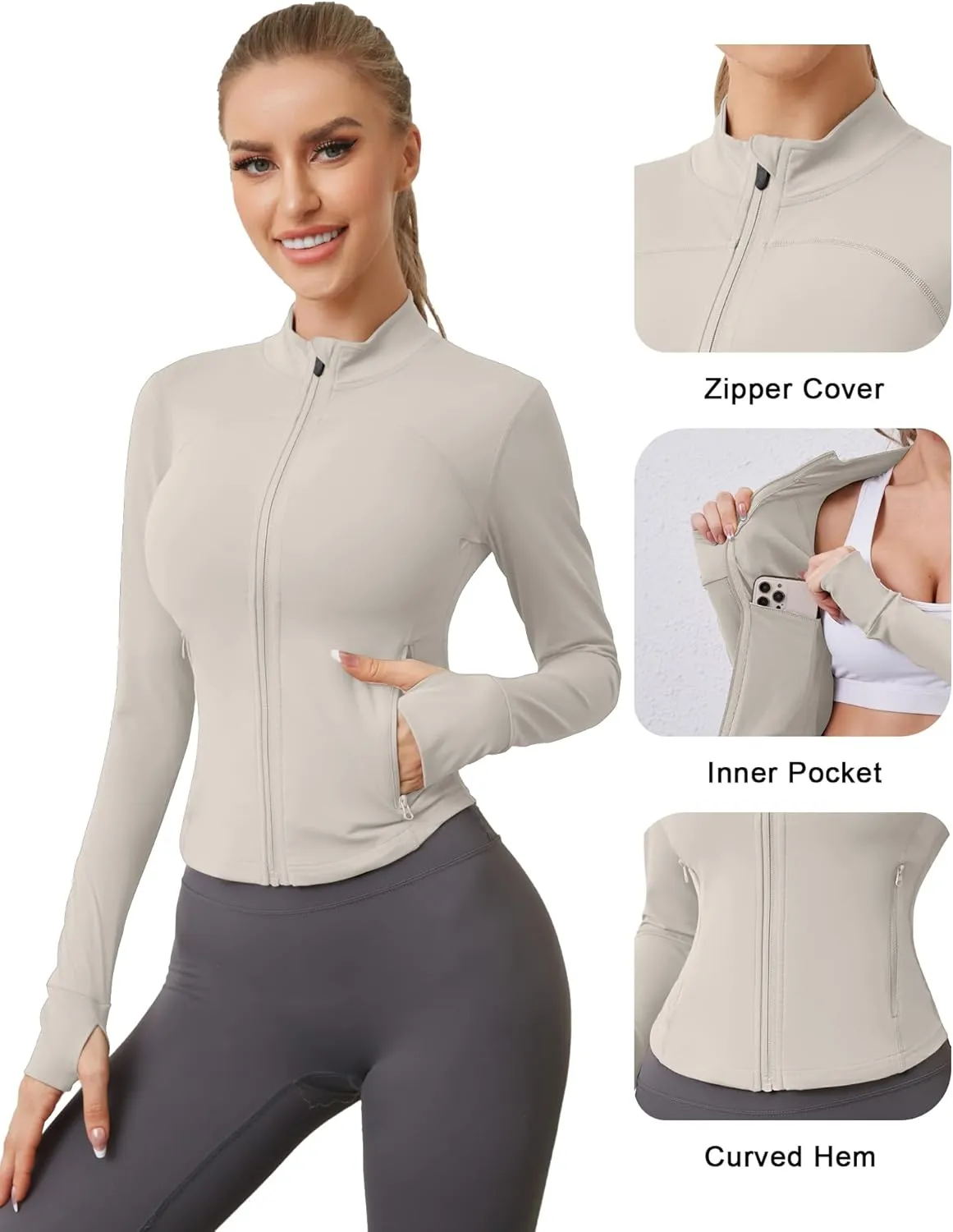 AKEWEI Womens Zip Up Workout Jackets Lightweight Athletic Slim Fit Track Jacket with Inner and Outer Pockets and Thumb Holes