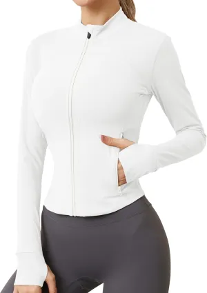 AKEWEI Womens Zip Up Workout Jackets Lightweight Athletic Slim Fit Track Jacket with Inner and Outer Pockets and Thumb Holes