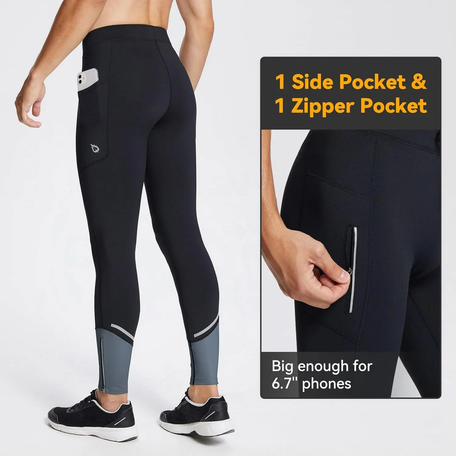 baleaf Men's Winter Running Tights Thermal Cycling Pants Water Resistant Pockets Zipper Legs Cold Weather