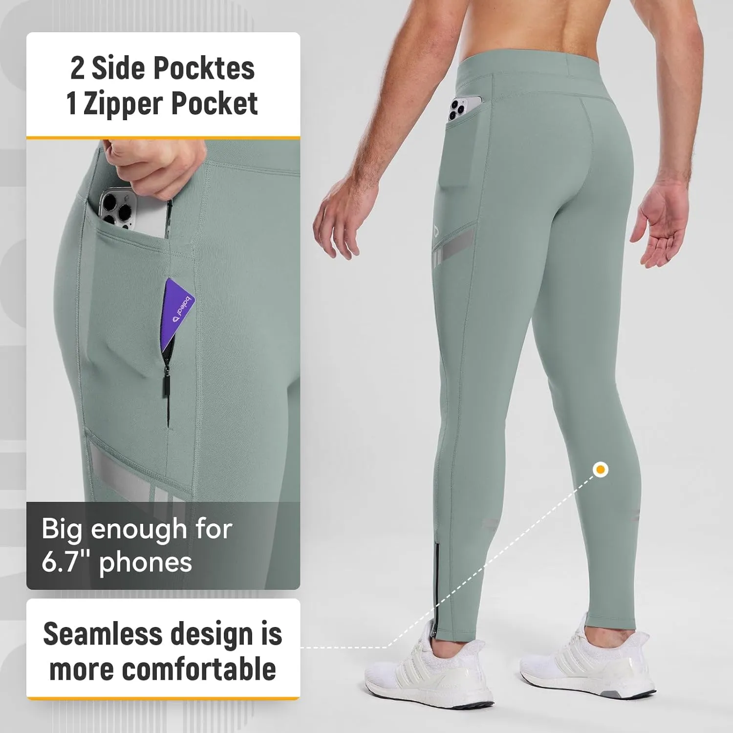 baleaf Men's Winter Running Tights Thermal Cycling Pants Water Resistant Pockets Zipper Legs Cold Weather