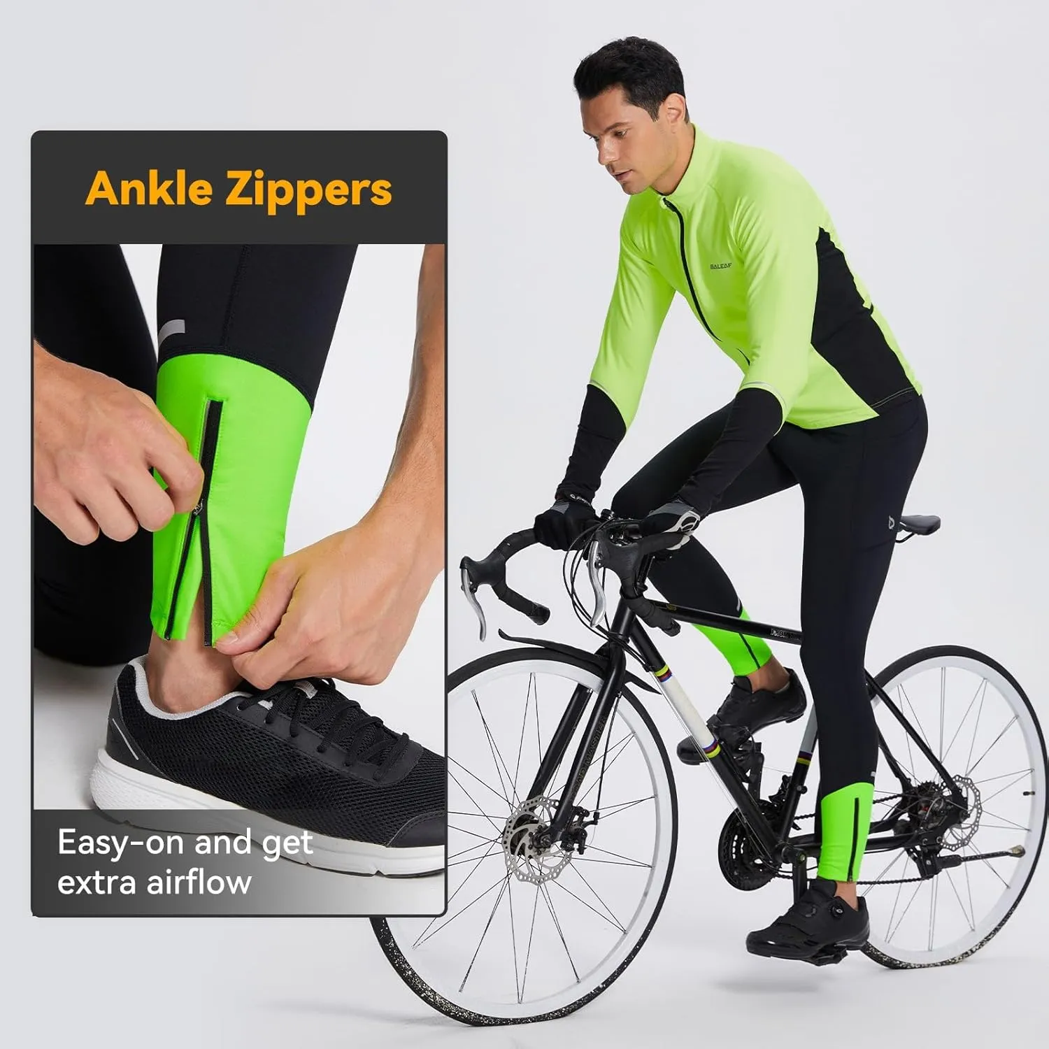 baleaf Men's Winter Running Tights Thermal Cycling Pants Water Resistant Pockets Zipper Legs Cold Weather