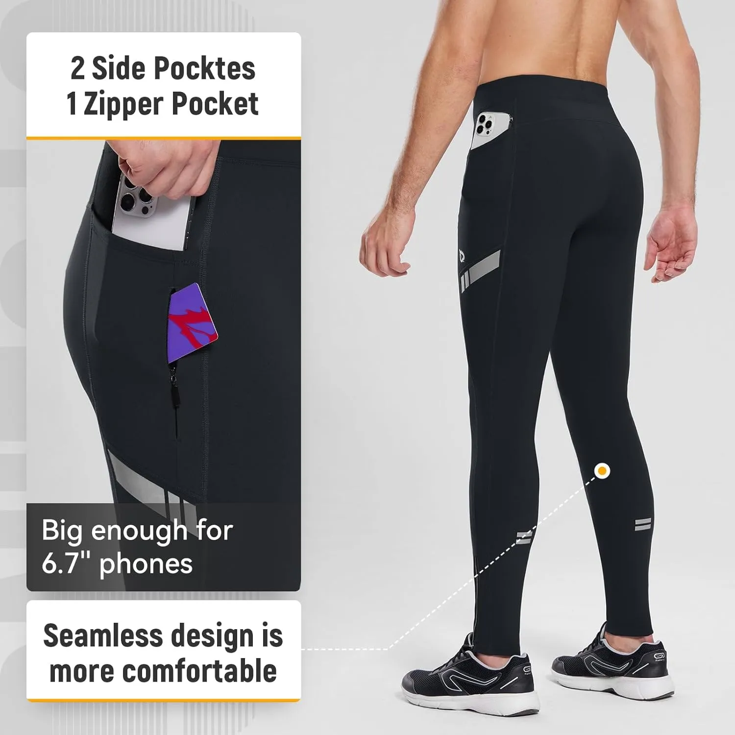 baleaf Men's Winter Running Tights Thermal Cycling Pants Water Resistant Pockets Zipper Legs Cold Weather