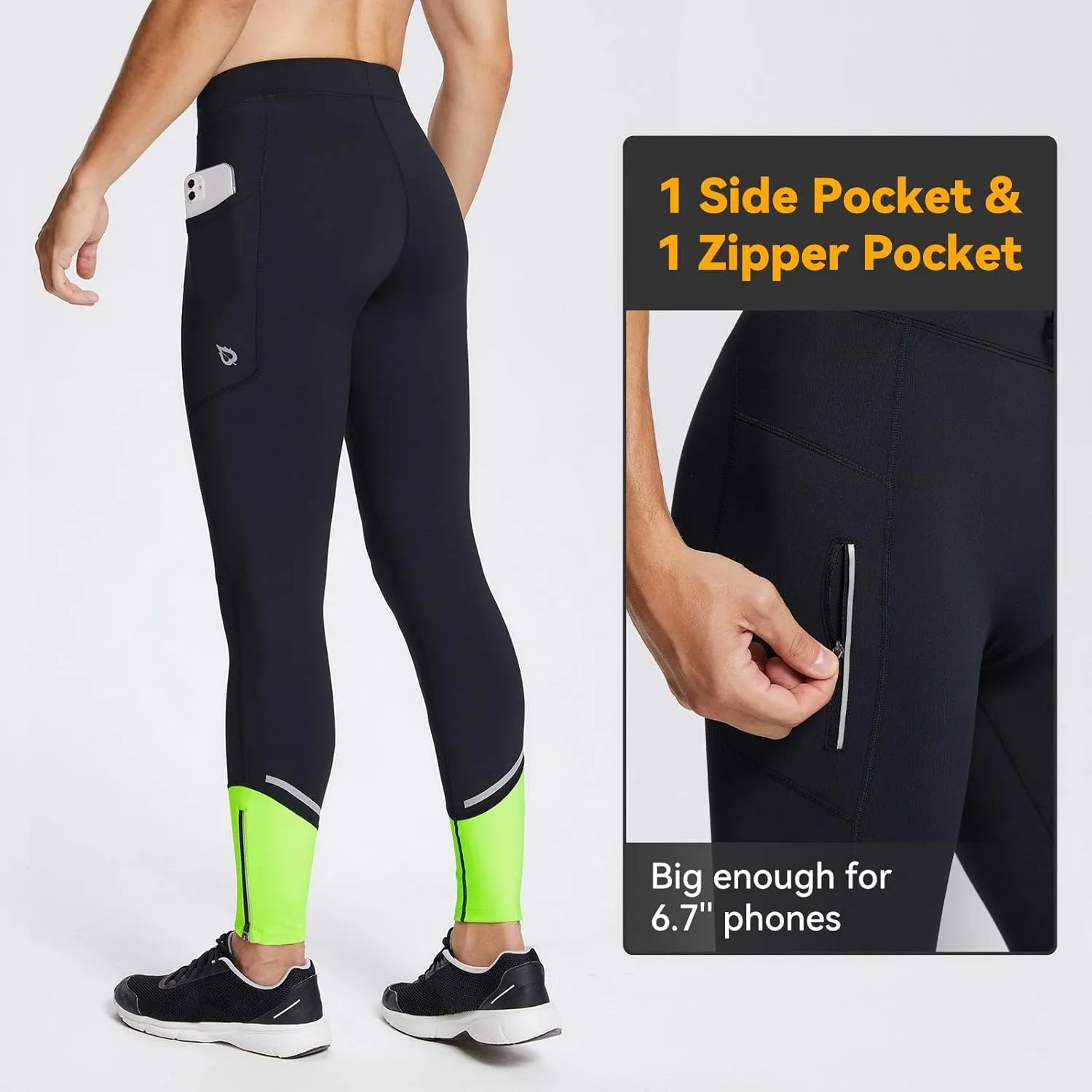 baleaf Men's Winter Running Tights Thermal Cycling Pants Water Resistant Pockets Zipper Legs Cold Weather