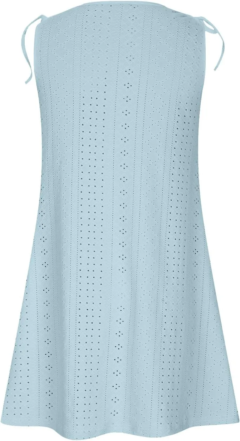 Beach Vacation Clothes for Women Breathable Round Neck Hollow Sleeveless Dress Cute Knee Length Sundresses