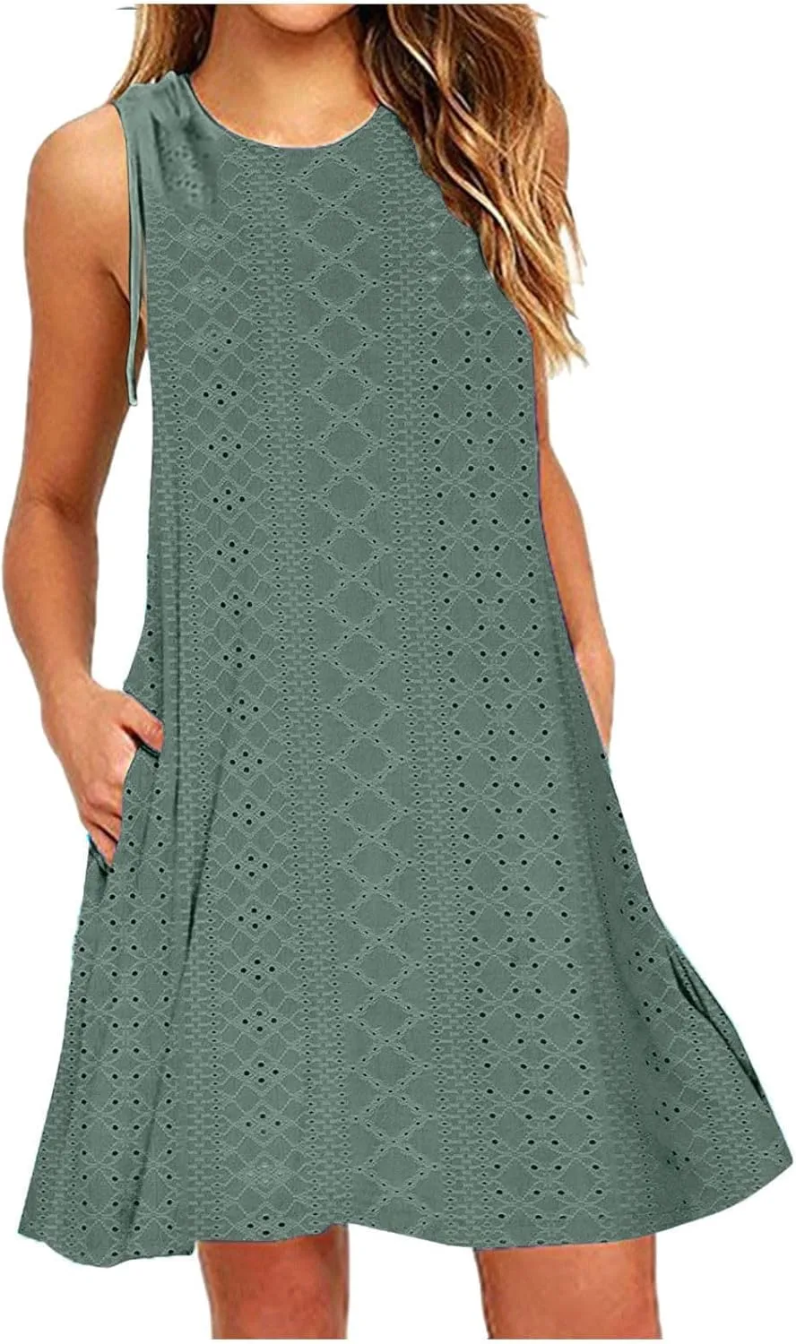 Beach Vacation Clothes for Women Breathable Round Neck Hollow Sleeveless Dress Cute Knee Length Sundresses