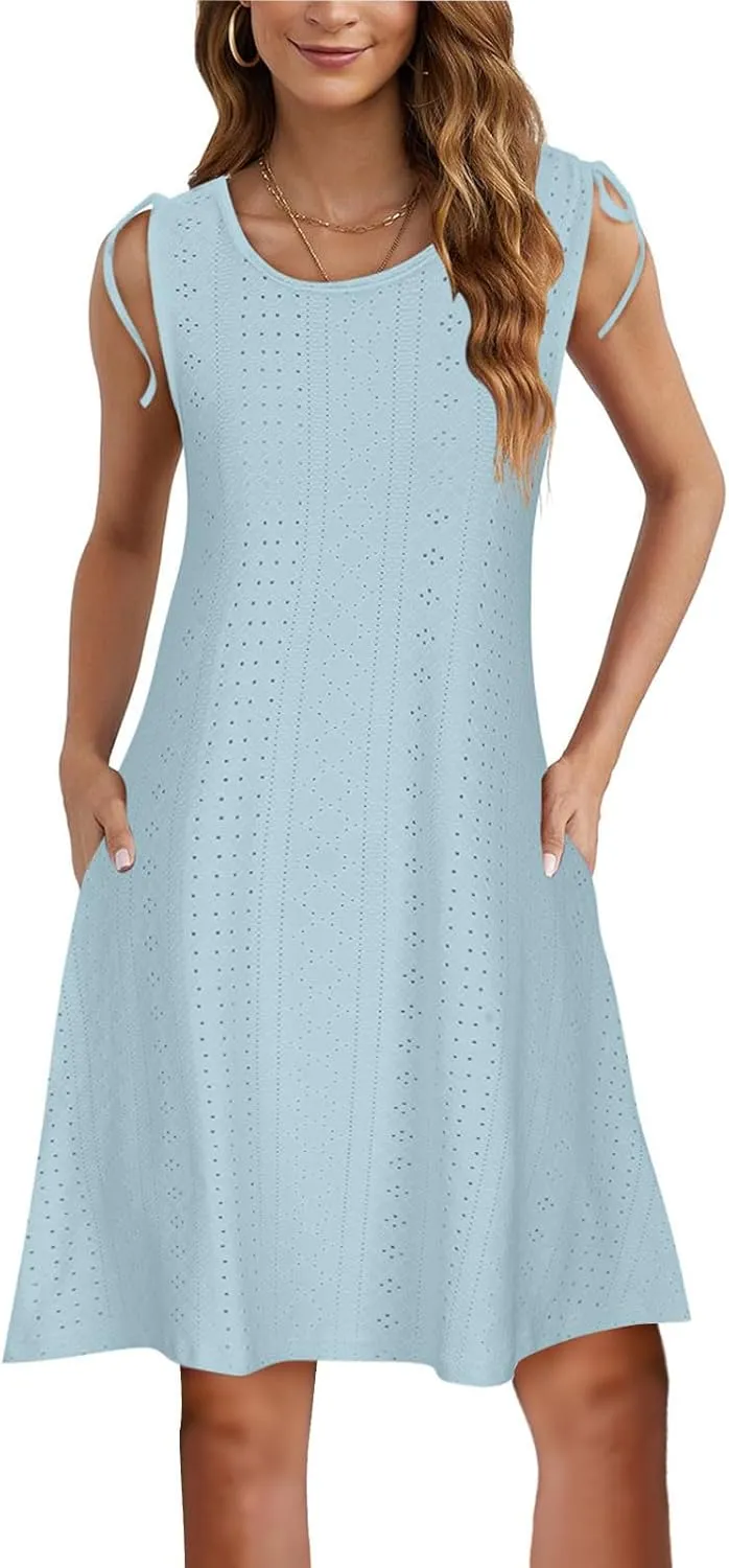 Beach Vacation Clothes for Women Breathable Round Neck Hollow Sleeveless Dress Cute Knee Length Sundresses