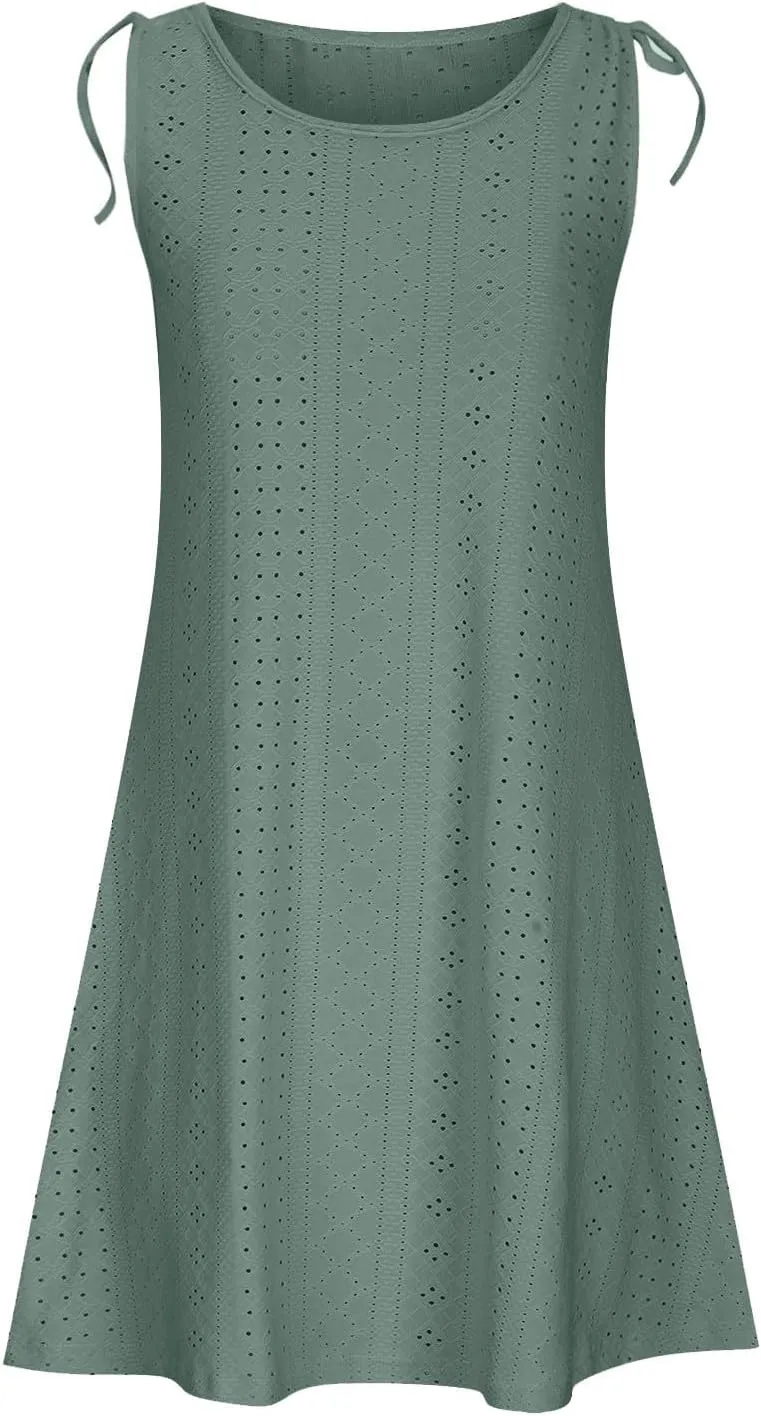 Beach Vacation Clothes for Women Breathable Round Neck Hollow Sleeveless Dress Cute Knee Length Sundresses