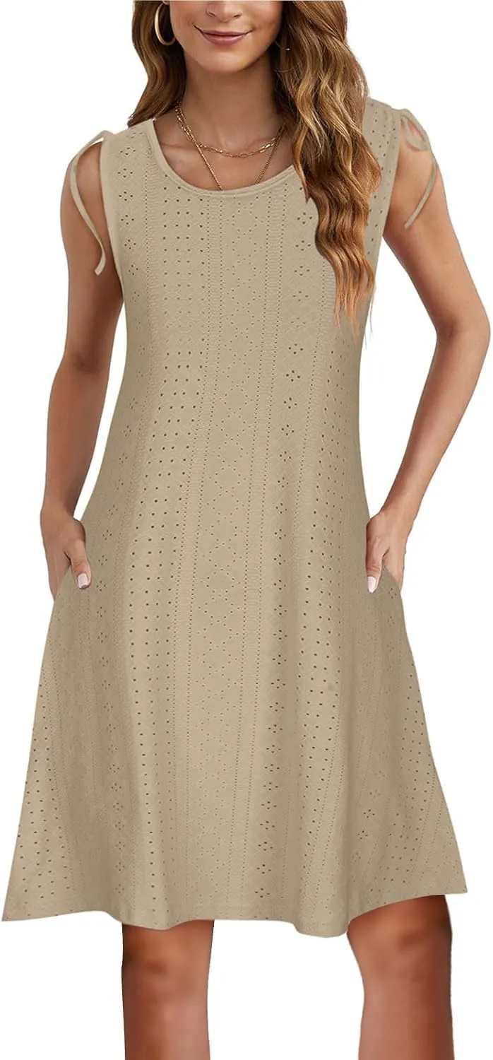 Beach Vacation Clothes for Women Breathable Round Neck Hollow Sleeveless Dress Cute Knee Length Sundresses