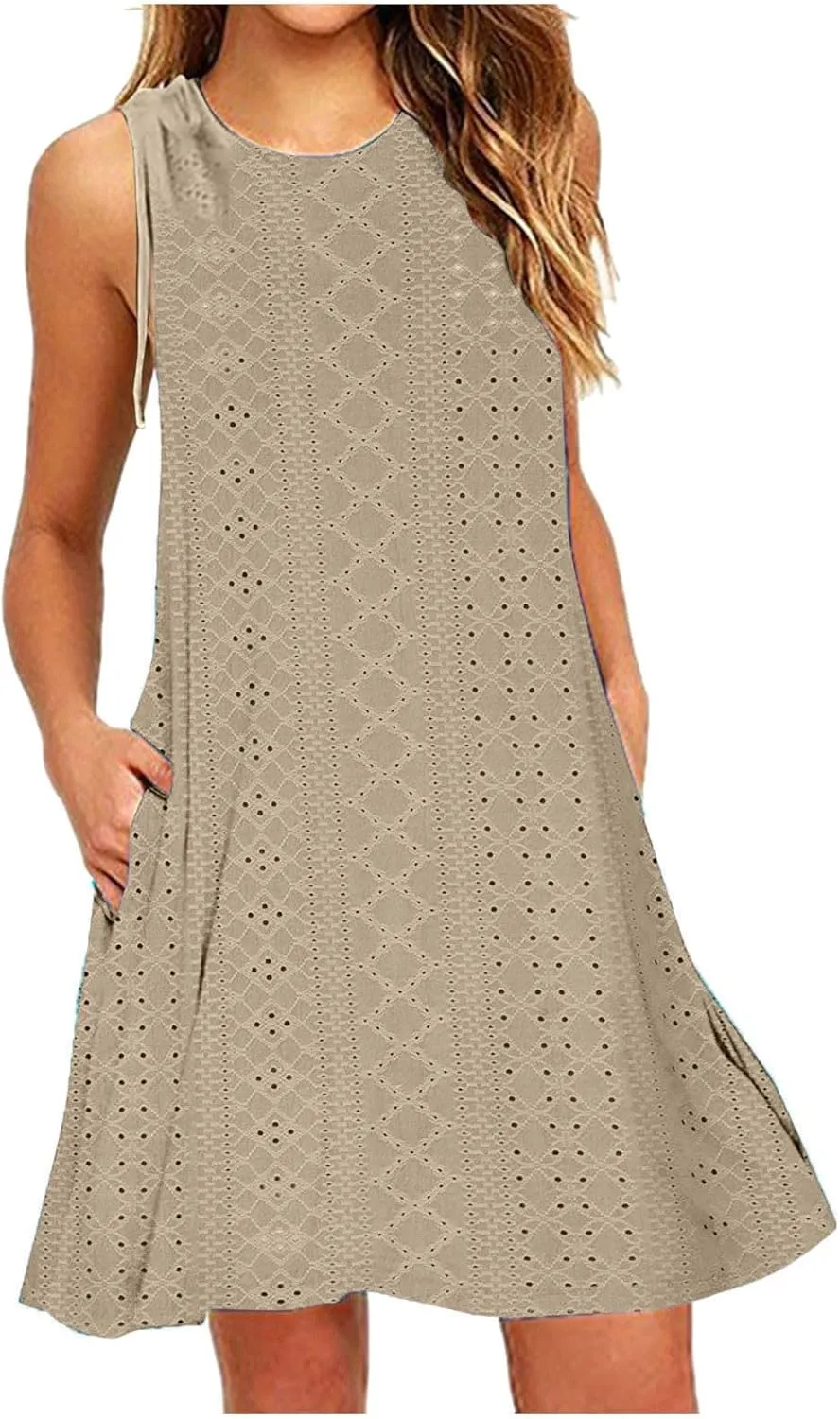 Beach Vacation Clothes for Women Breathable Round Neck Hollow Sleeveless Dress Cute Knee Length Sundresses