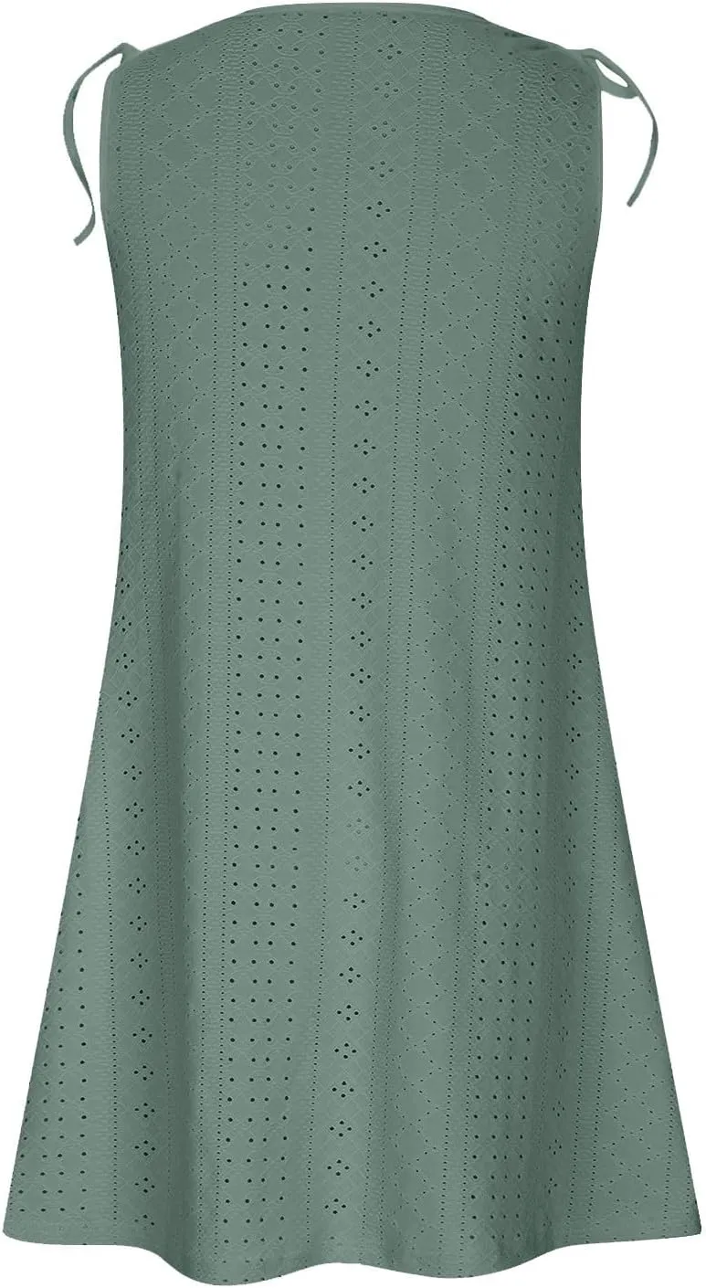 Beach Vacation Clothes for Women Breathable Round Neck Hollow Sleeveless Dress Cute Knee Length Sundresses